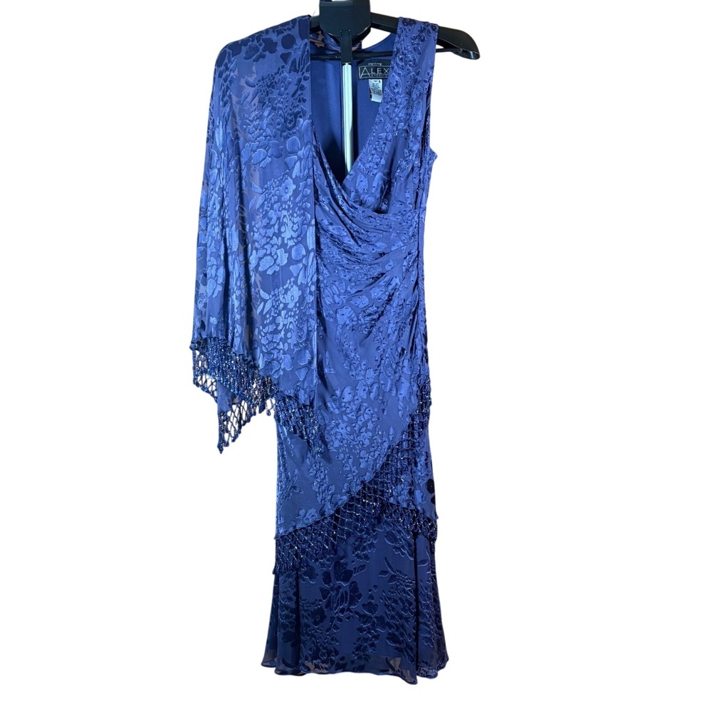 Alex Evenings Vtg Petite 8P Purple Silk Burnout Velvet Bead Dress Shawl Set 2PC